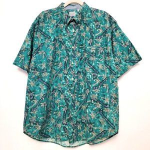 Bugle Boy Company 90s Turquoise Cream Hawaiian Print S/S Button Down Shirt SZ XL